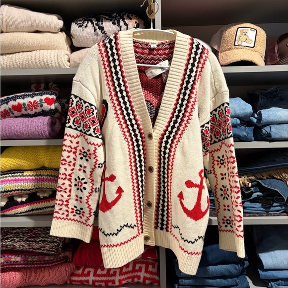 Anthropologie Sweaters - Anthropologie Cream and Red Anchor Cardigan